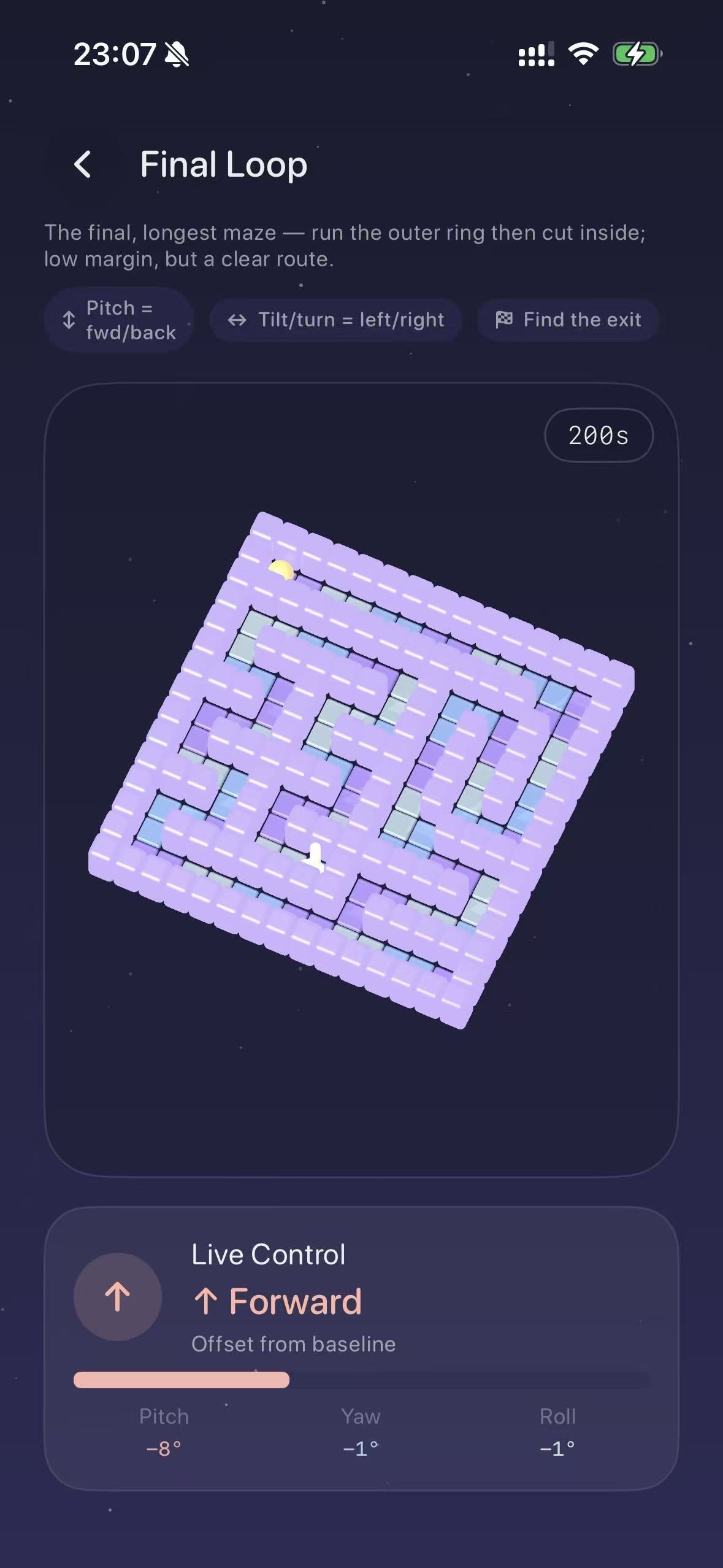 NeckUp neck exercise game: an isometric maze steered by head movement with a live pitch, yaw and roll control panel