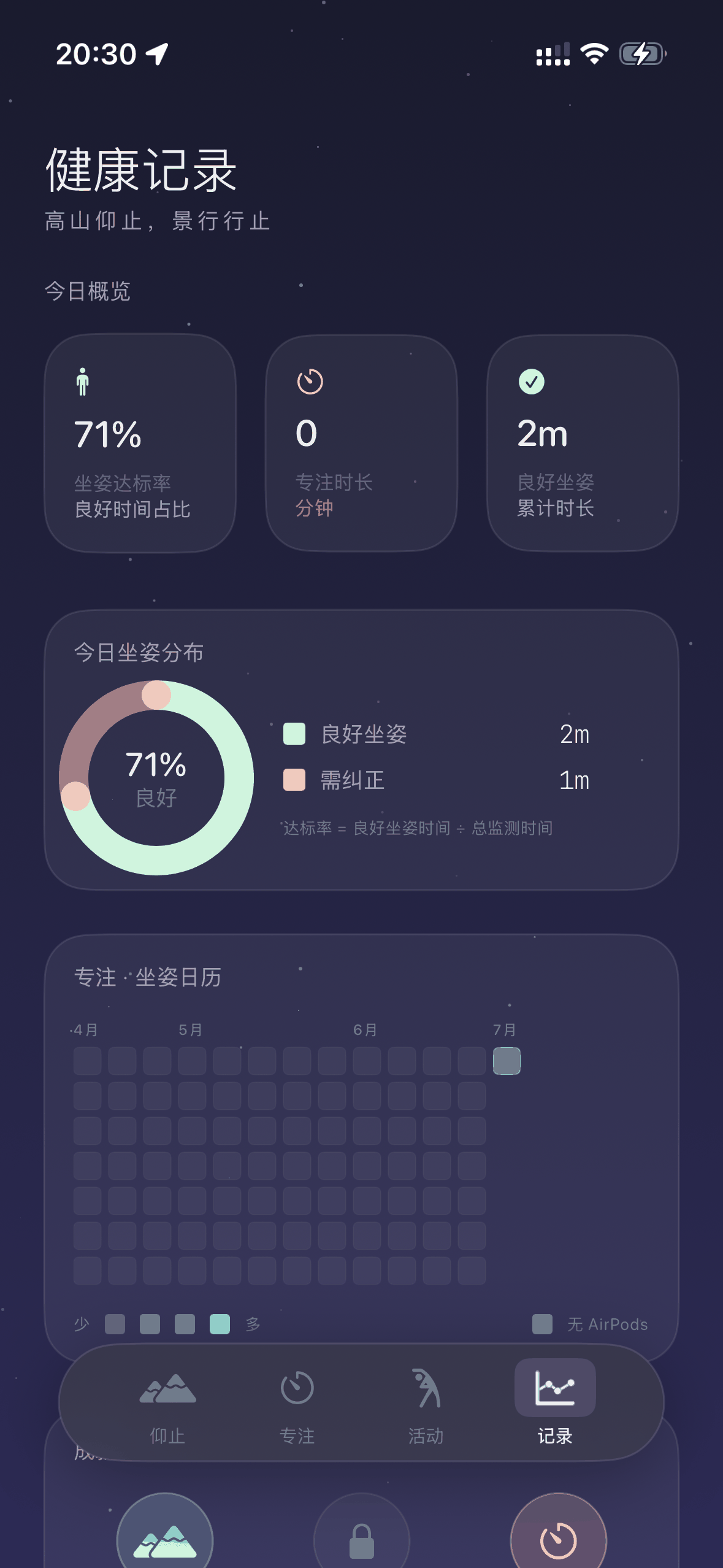 仰止健康记录：坐姿环形图与专注 · 坐姿日历热力图